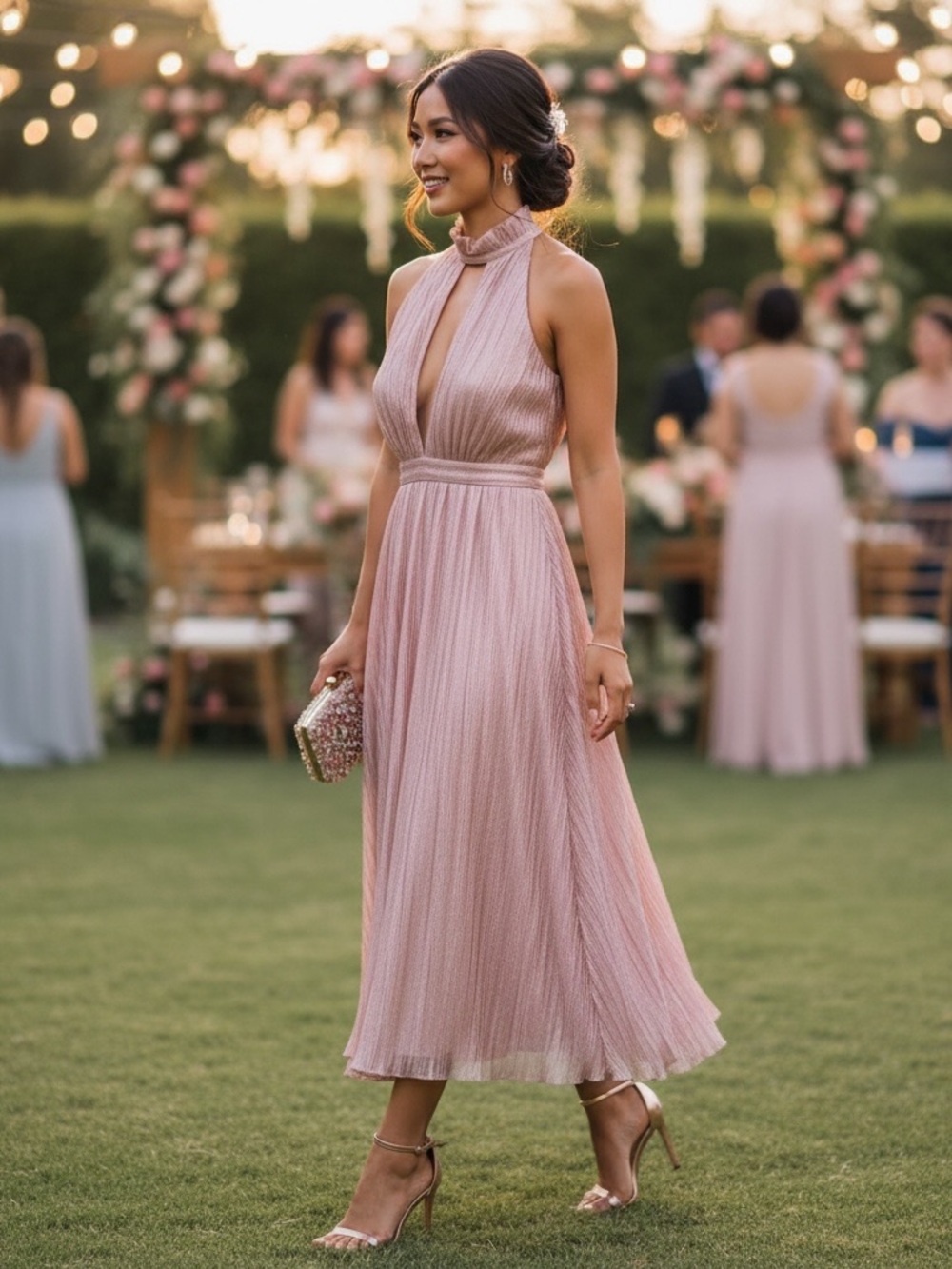 NBD plunging neck pleated maxiβ dress size S